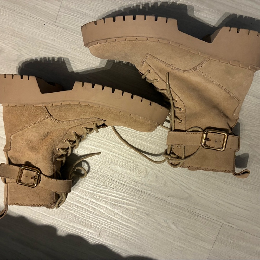Zara Tan Lace-Up Suede Platform Ankle Boots with Buckle